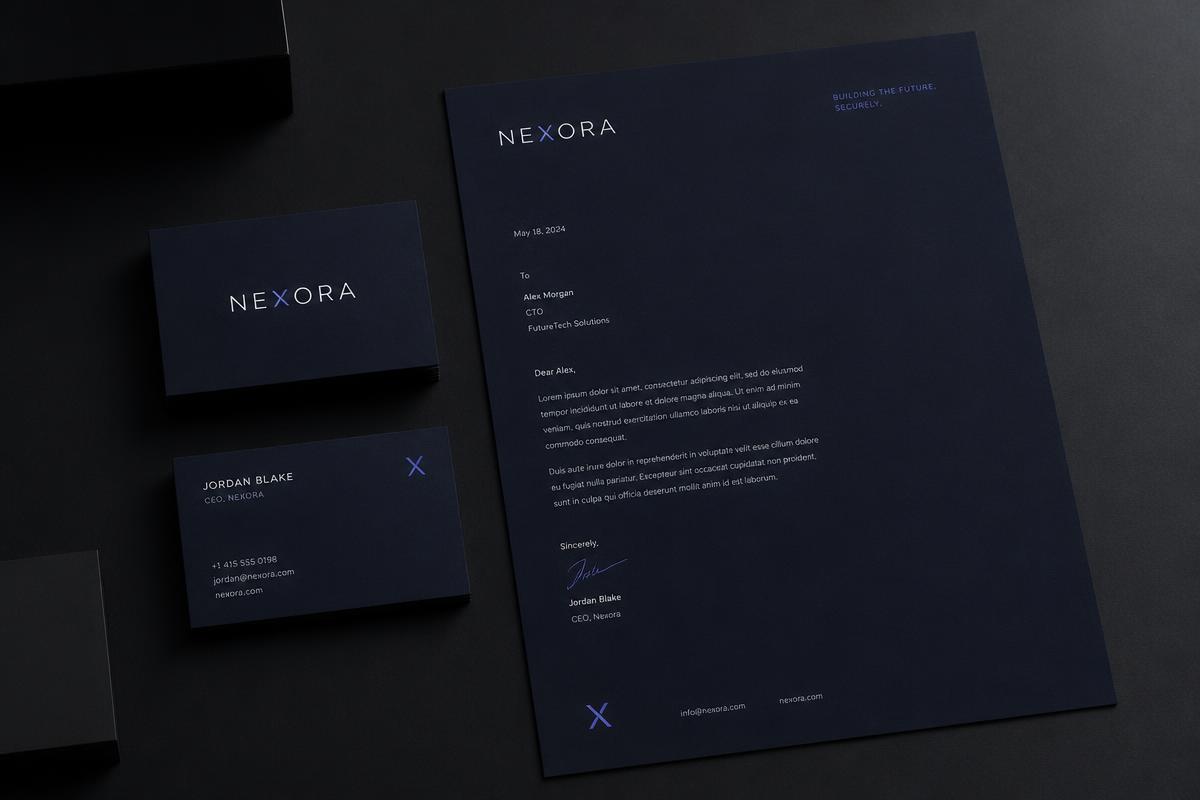 Dark navy brand identity mockup with business cards and letterhead