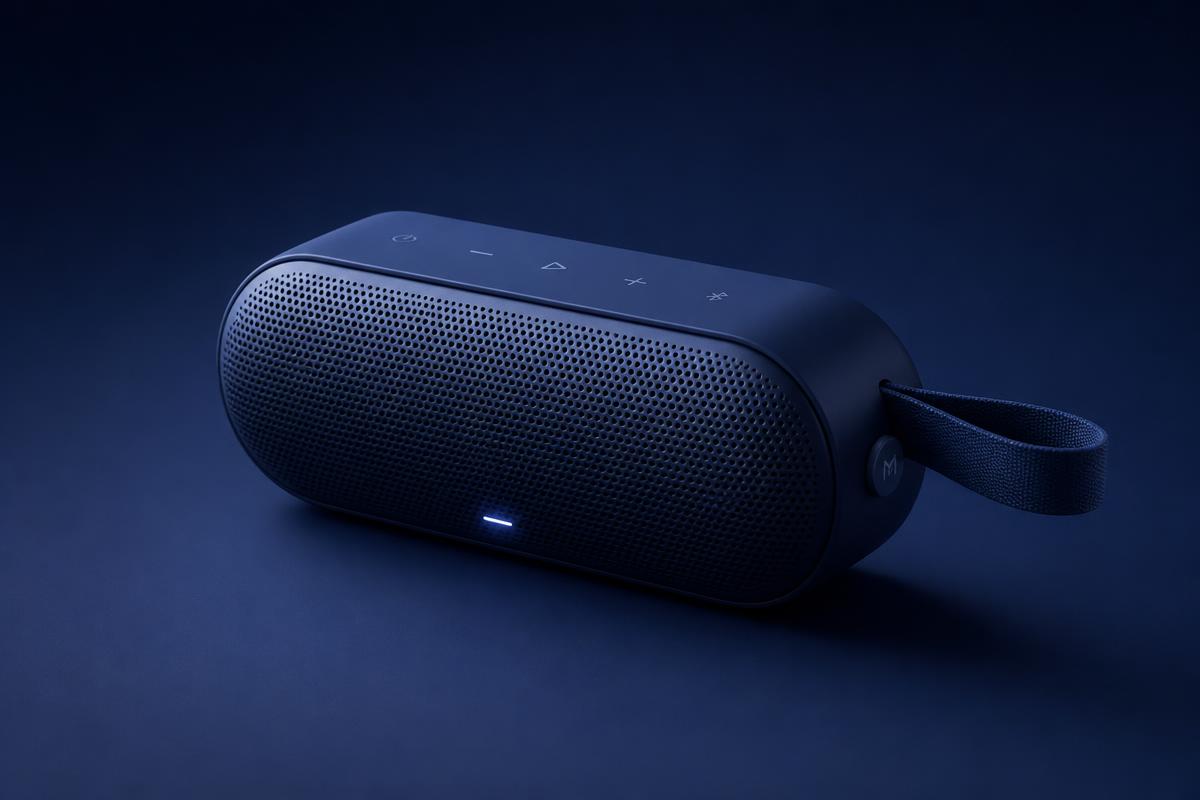Minimalist navy wireless speaker product render